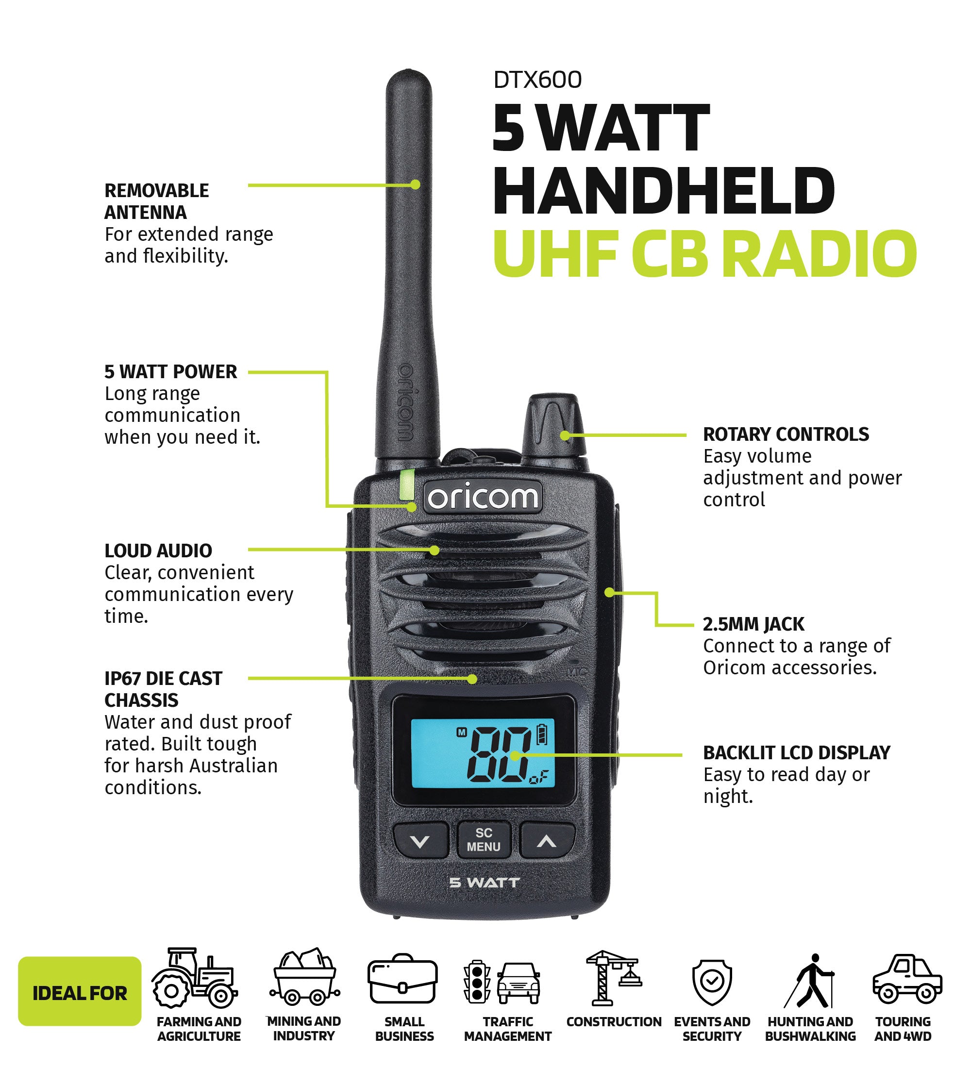 DTX600 Waterproof IP67 5 Watt Handheld UHF CB Radio (Black)